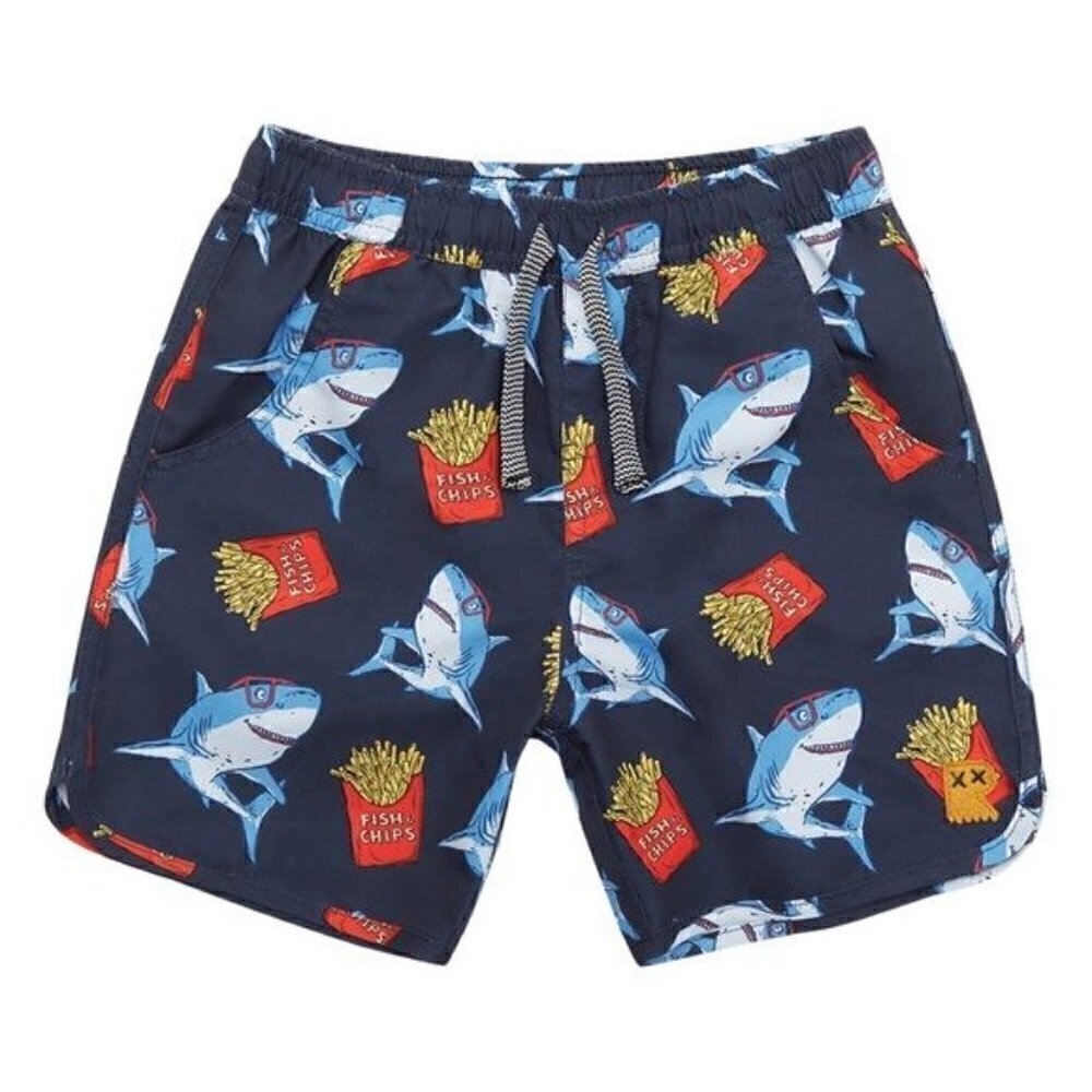 NWT Broken Threads Surf Navy Blue Great White Sharks French Fries Swim Trunks M